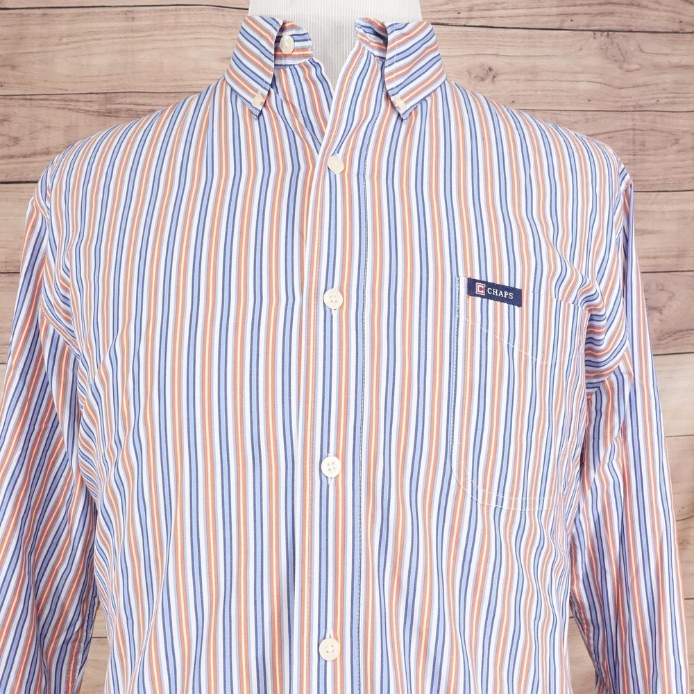 Chaps Shirt Mens XL Blue Orange Stripe Button Down Long Sleeve Easy Care Logo